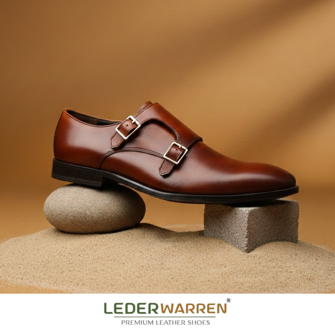 Double monk strap leather tan dress shoe for men