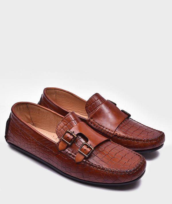 Croco Double Monk Tan Men's Leather Loafers – Comfort & Elegance Combined