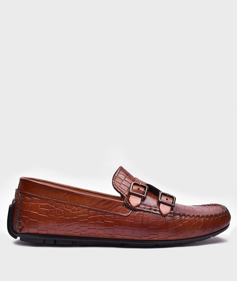 Croco Double Monk Tan Men's Leather Loafers – Comfort & Elegance Combined