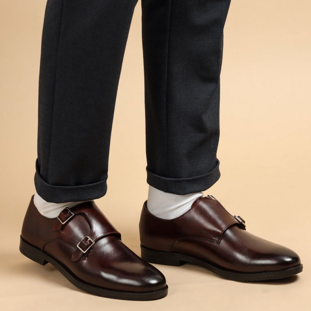 Double monk strap leather brown dress shoe for men