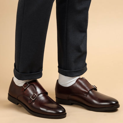 Double monk strap leather brown dress shoe for men