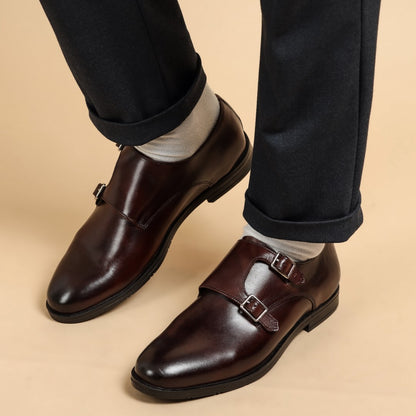 Double monk strap leather brown dress shoe for men