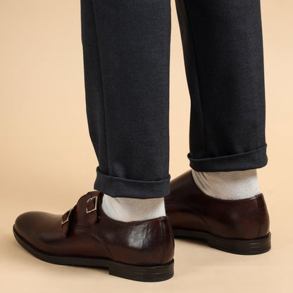 Double monk strap leather brown dress shoe for men