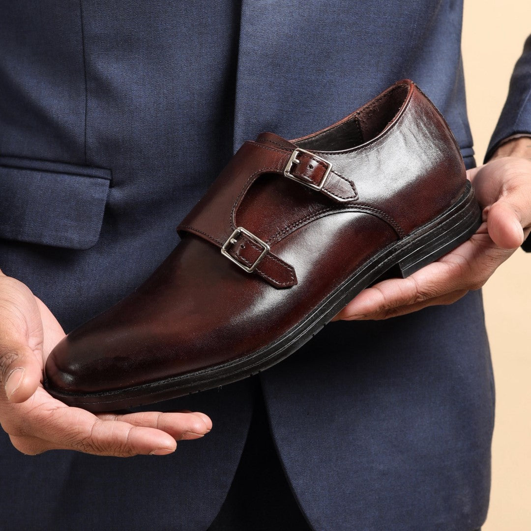 Double monk strap leather brown dress shoe for men