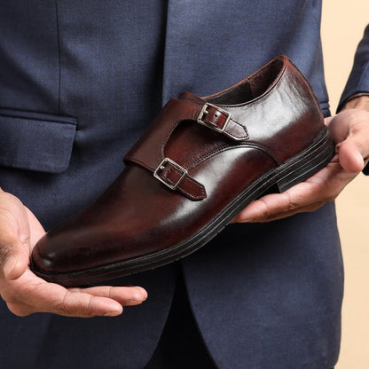 Double monk strap leather brown dress shoe for men