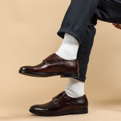 Double monk strap leather brown dress shoe for men