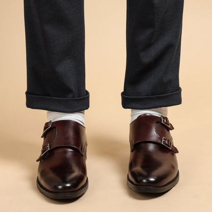 Double monk strap leather brown dress shoe for men