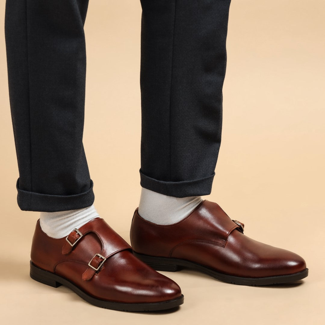 Double monk strap leather tan dress shoe for men