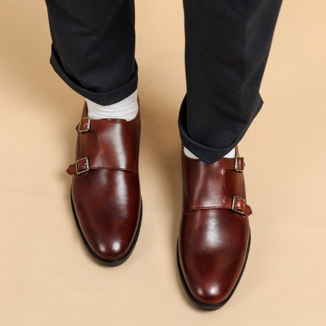Double monk strap leather tan dress shoe for men