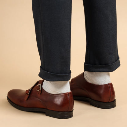 Double monk strap leather tan dress shoe for men