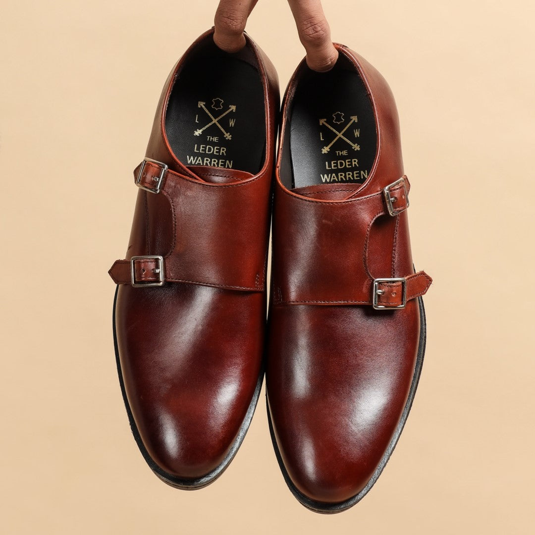 Double monk strap leather tan dress shoe for men