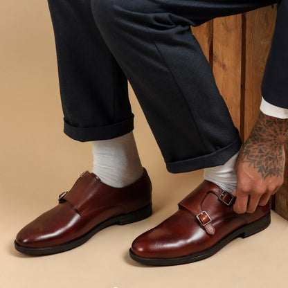 Double monk strap leather tan dress shoe for men