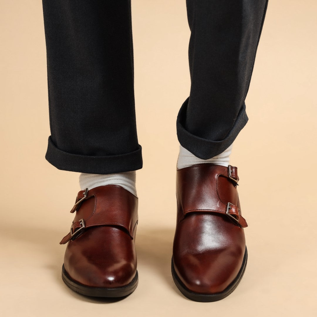Double monk strap leather tan dress shoe for men