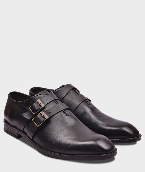 Double monk black strap leather dress shoe for men