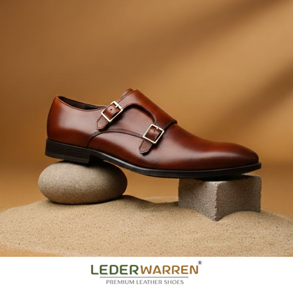 Double monk strap leather tan dress shoe for men