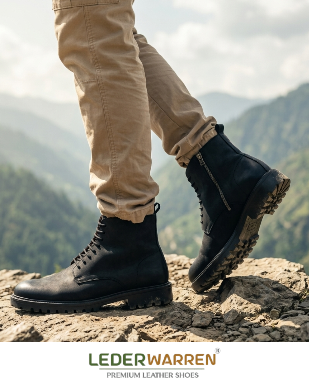 Premium Men’s Genuine Leather High-Ankle Boots with Side Zipper Riding LW 6034 BLK