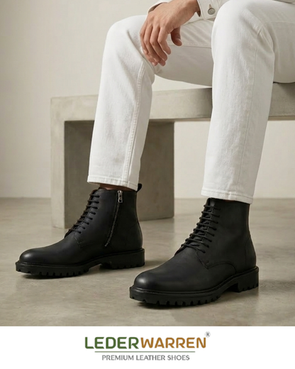 Premium Men’s Genuine Leather High-Ankle Boots with Side Zipper Riding LW 6034 BLK