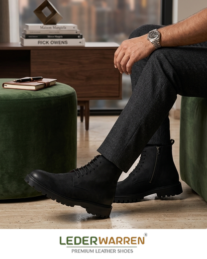 Premium Men’s Genuine Leather High-Ankle Boots with Side Zipper Riding LW 6034 BLK