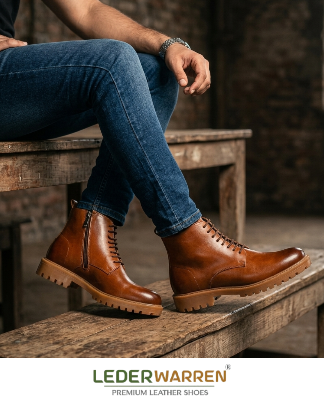 Premium Men’s Genuine Leather High-Ankle Boots with Side Zipper-Riding-Lw 6033 Tan