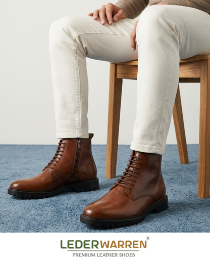 Premium Men’s Genuine Leather High-Ankle Boots with Side Zipper-Riding-LW 6033 BRN