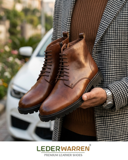 Premium Men’s Genuine Leather High-Ankle Boots with Side Zipper-Riding-LW 6033 BRN